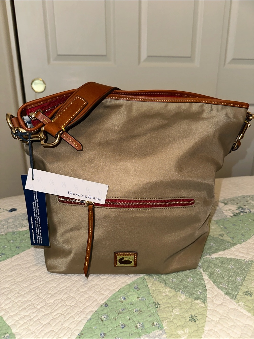 Dooney & Bourke Beige Nylon Tote with Brown Trim and Red Accent